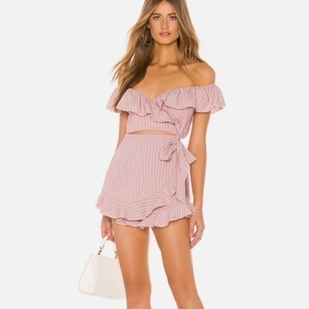 Superdown Revolve Angela Wrap Tie Romper Mauve Pink Stripe Ruffled XS